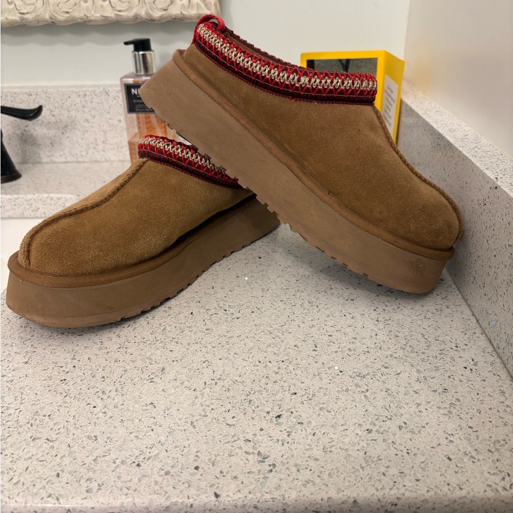 UGG Brown Suede Platform Clogs with Red Trim